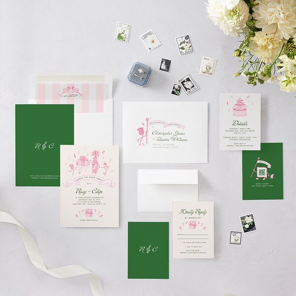 Whimsical Retro Cartoon Wedding Invitations Candy Pink Signature Blank No Standard