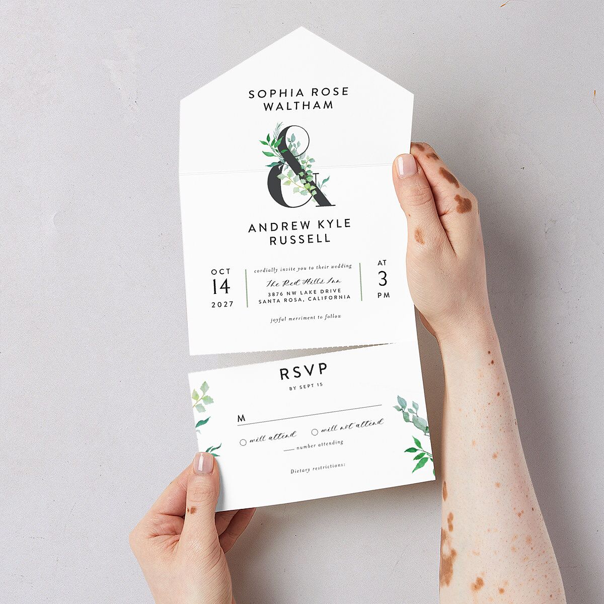 Leafy Ampersand All-in-One Wedding Invitations Eucalyptus Signature Light Both Recipient and Return Addresses No
