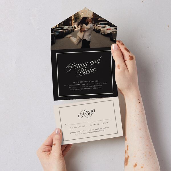 Vintage Script All-in-One Wedding Invitations Midnight Signature Light Both Recipient and Return Addresses No