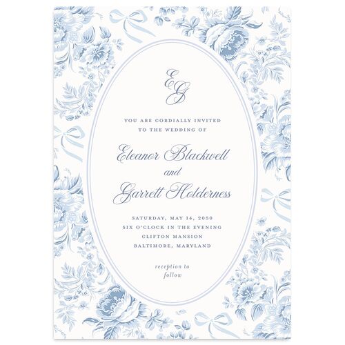 Vintage French Floral Toile Wedding Invitations Dusty Blue Signature Blank No Standard