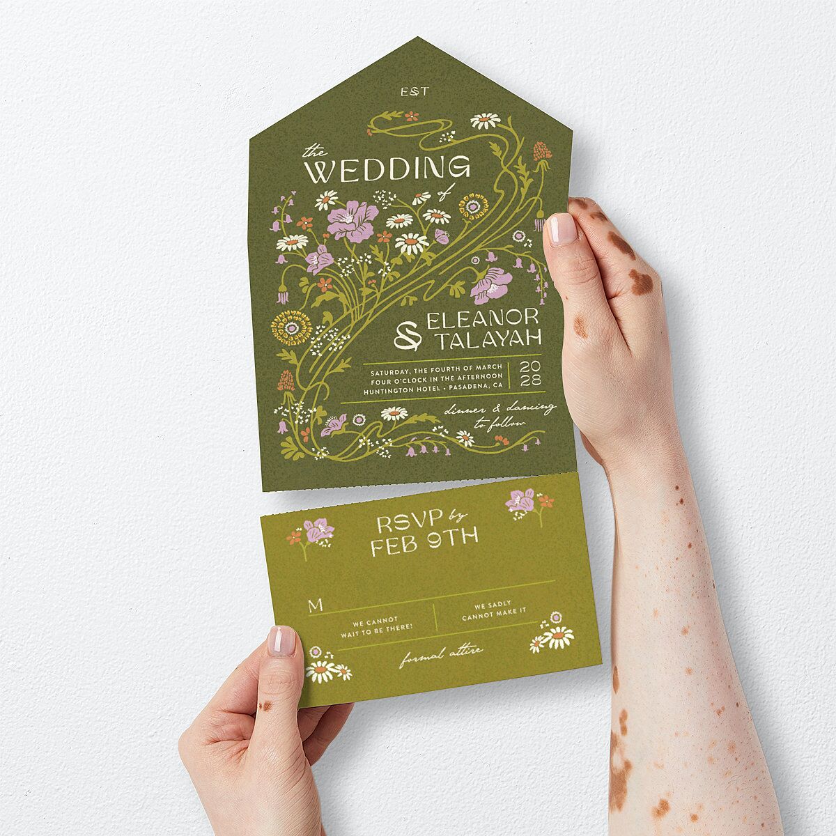 Wildflower Nouveau All-in-One Wedding Invitations Dark Camo Signature Light Both Recipient and Return Addresses No