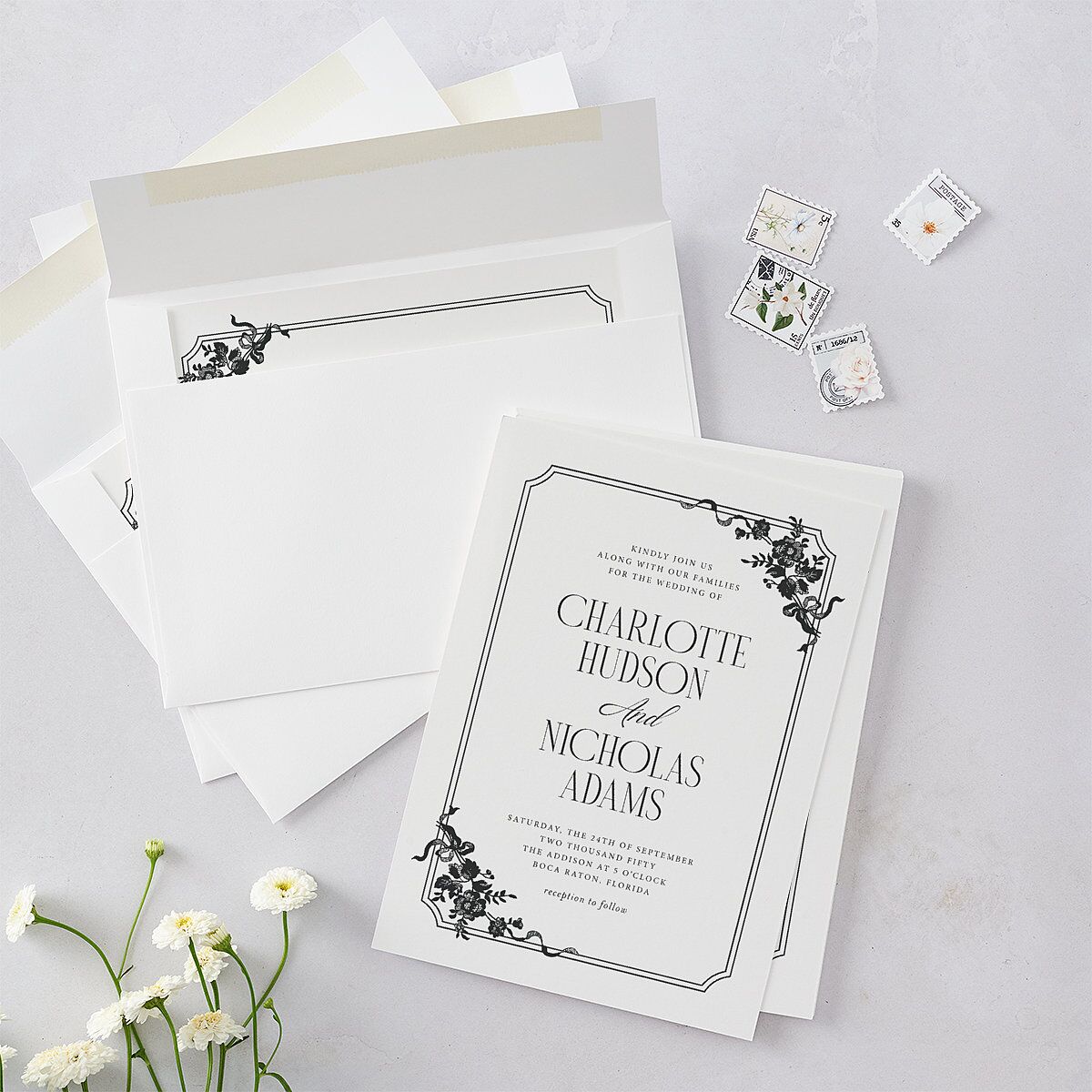 Old Money Botanical Wedding Invitations Pure White Signature Blank No Standard