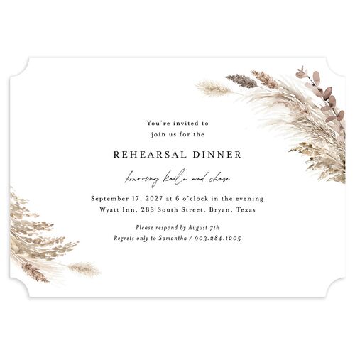Soft Pampas Botanical Rehearsal Dinner Invitations Silver Signature Blank Ticket