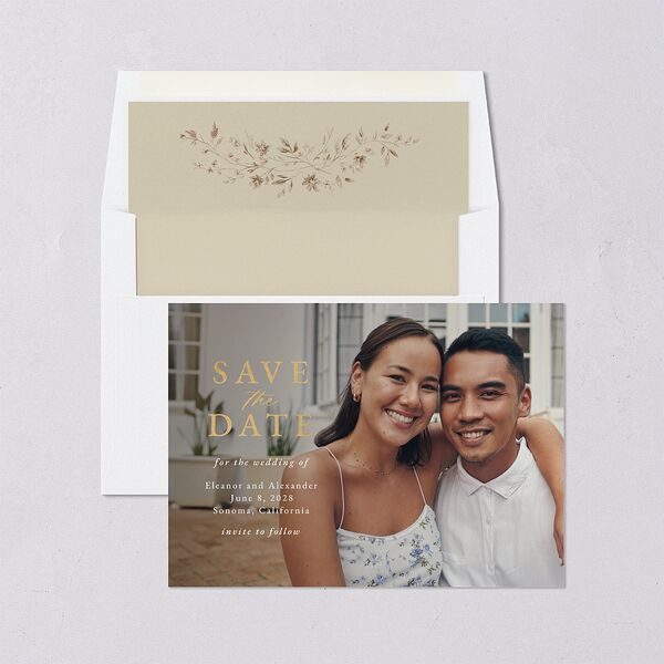 Timeless Floral Foil Save the Date Cards Gold Pure White Signature smooth Blank No Standard