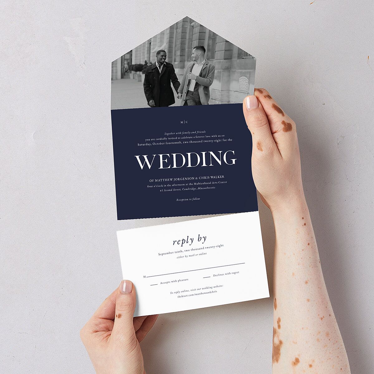 Classically Stated All-in-One Wedding Invitations Navy No Signature Light Both Recipient and Return Addresses