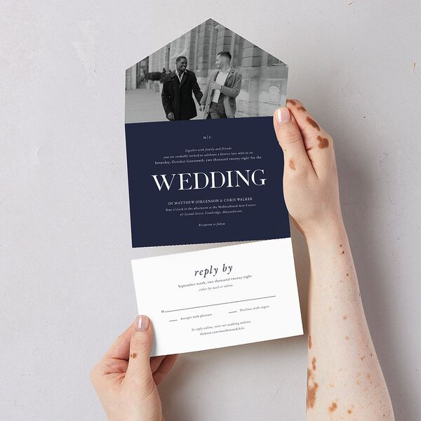 Classically Stated All-in-One Wedding Invitations Navy No Signature Light Both Recipient and Return Addresses