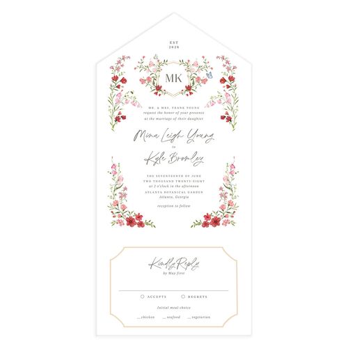 Fairytale Wildflower Crest All-in-One Wedding Invitations Jewel Red Signature Light Both Recipient and Return Addresses No