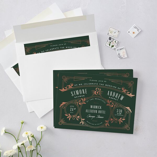 Ornate Elegance Wedding Invitations Rose Gold Dark Emerald Signature Blank No