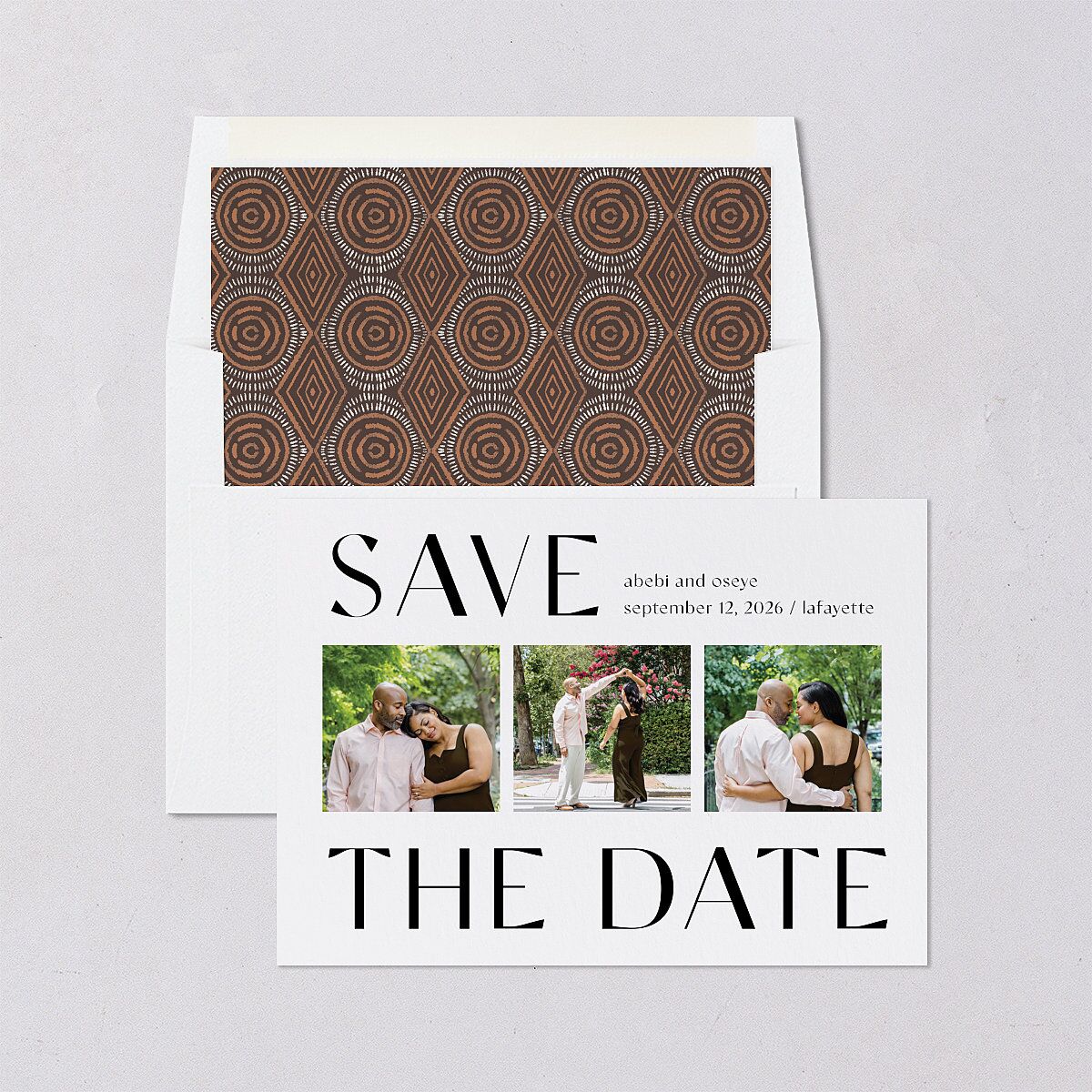 Sahara Pattern Save The Date Cards Deep Bronze Signature smooth Blank No Standard