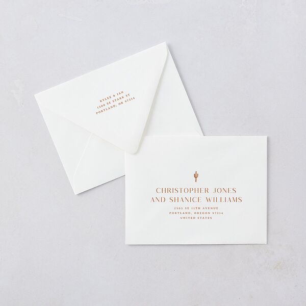 Western Desert Cactus Save the Date Petite Card Euro Envelopes Terracotta White Both Recipient and Return Addresses Luxe Signature