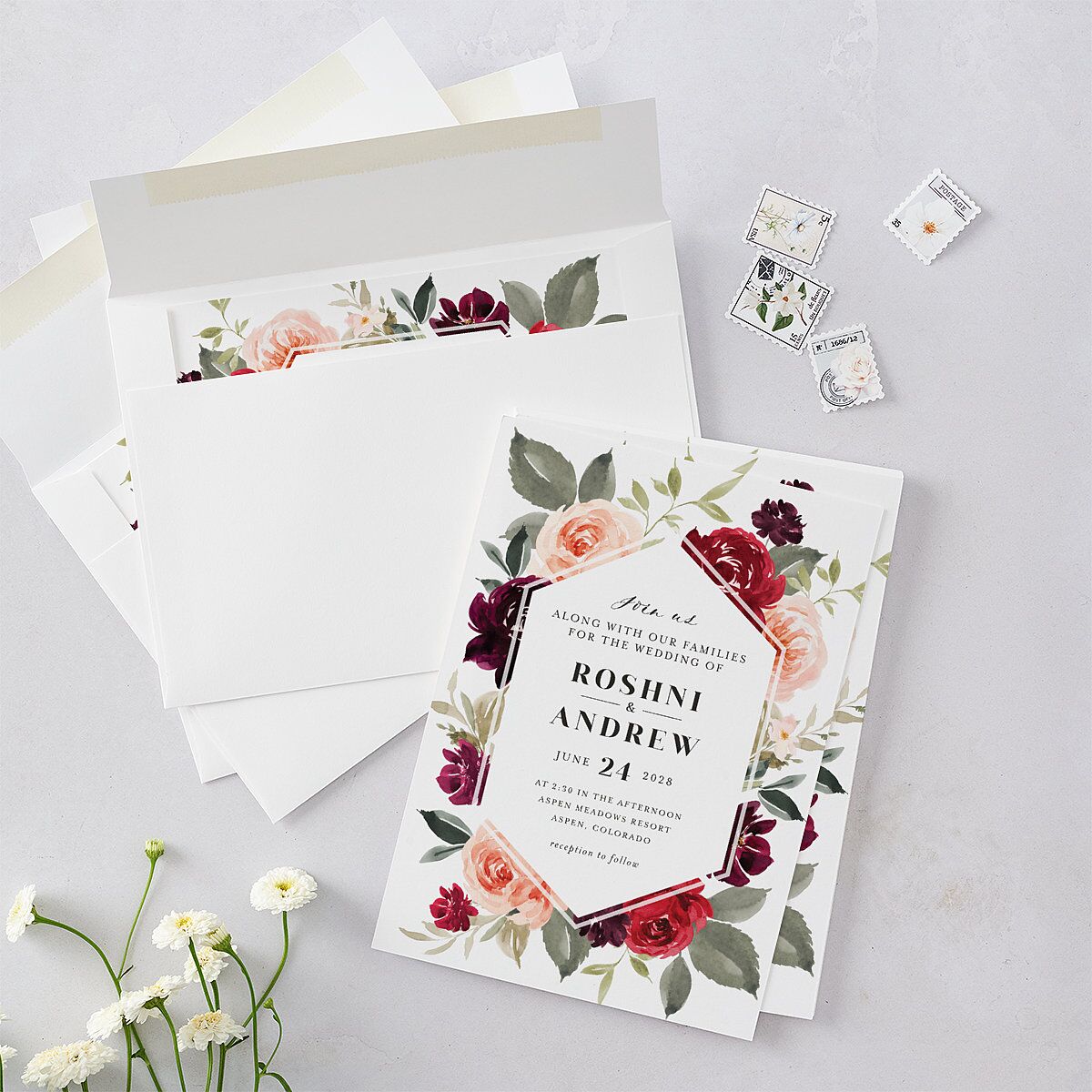 Vibrant Floral Wedding Invitations Deep Claret Signature Blank No