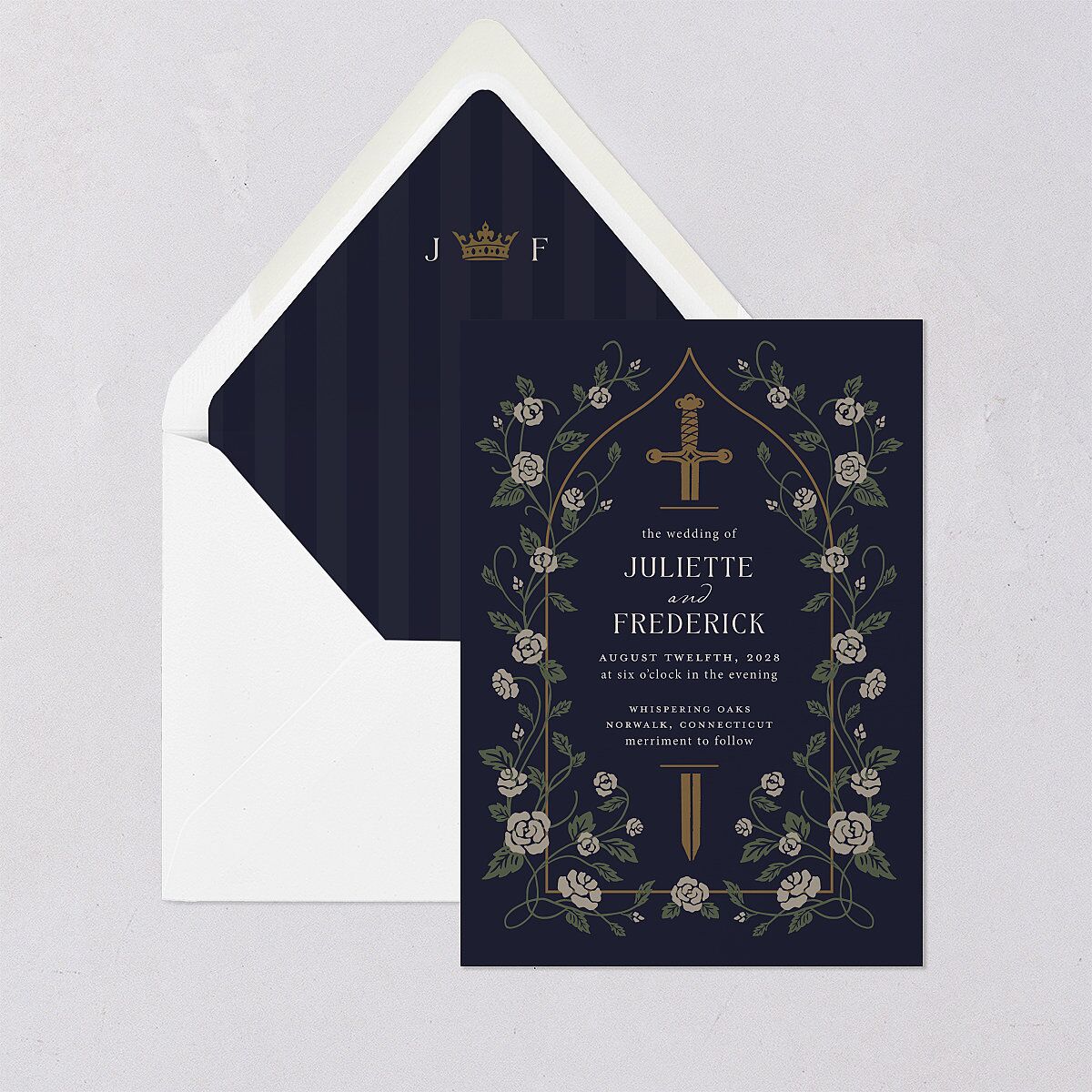 Sword and Roses Fantasy Garden Euro Envelope Liners Dark Navy Luxe