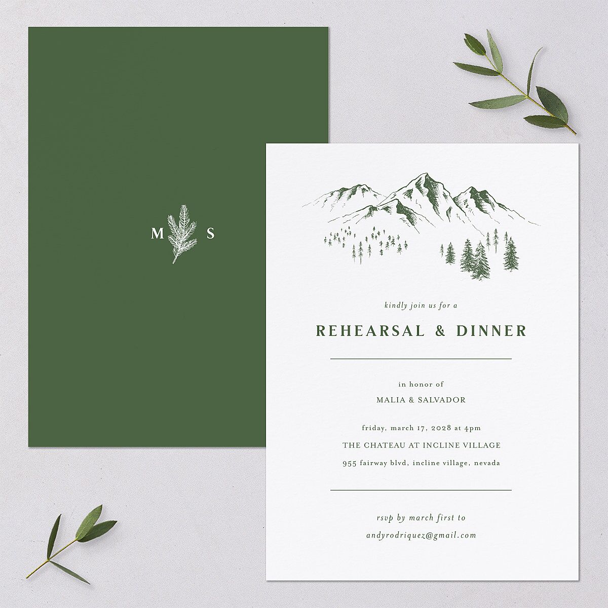 Etched Mountains Rehearsal Dinner Invitations Hunter Green Signature Blank