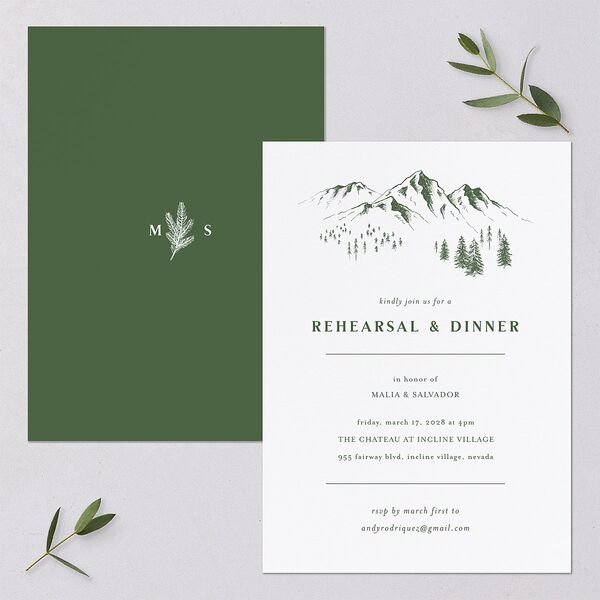 Etched Mountains Rehearsal Dinner Invitations Hunter Green Signature Blank