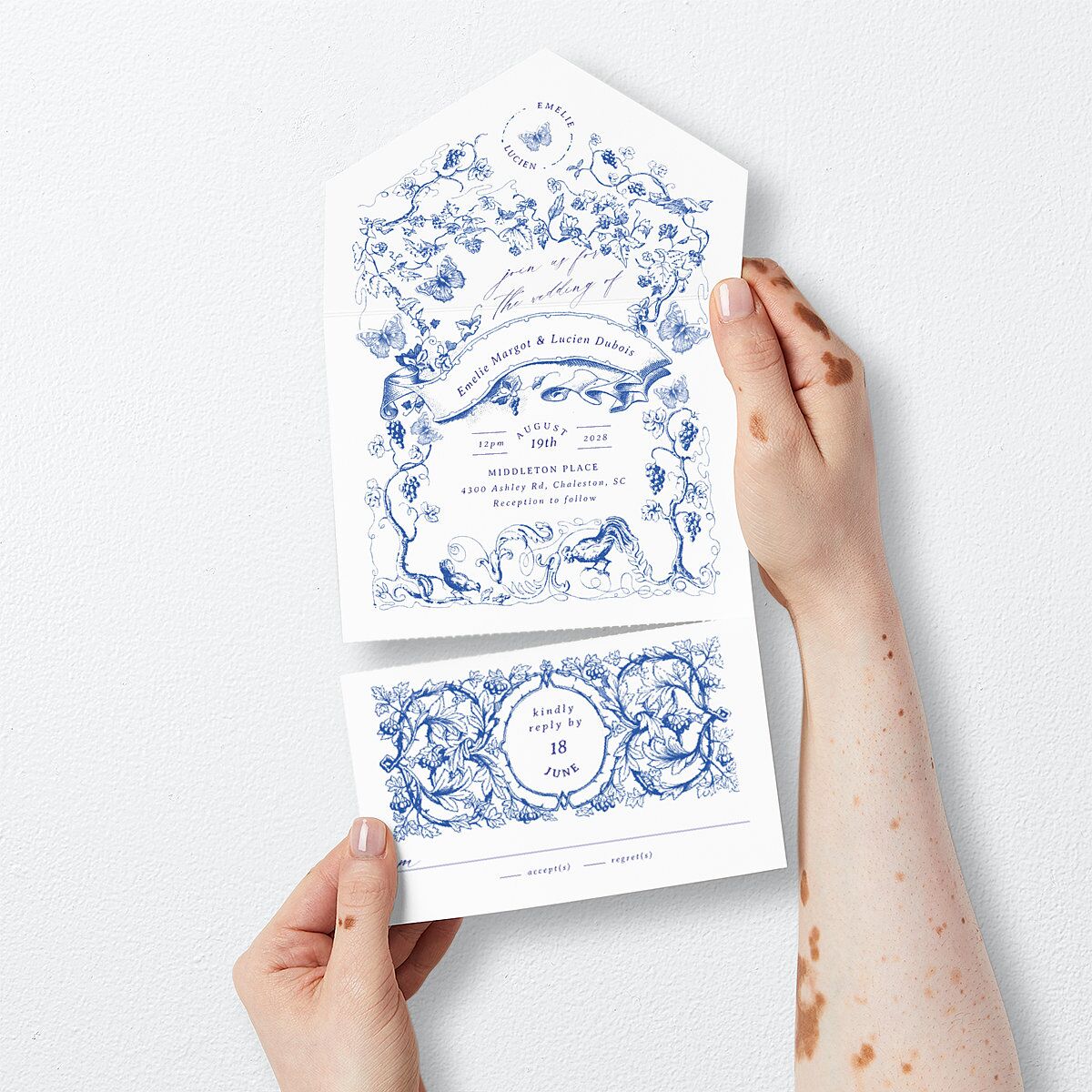 Vintage Toile All-in-One Wedding Invitations Sapphire Signature Light Both Recipient and Return Addresses No