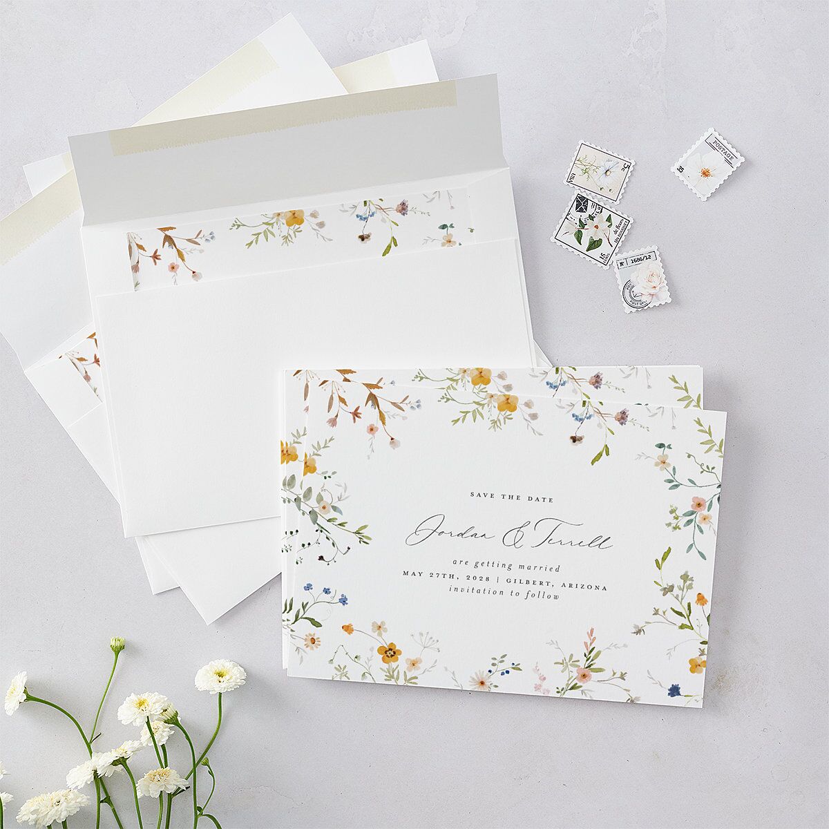 Dainty Wildflowers Save the Date Cards Sunflower Signature smooth Blank No Standard