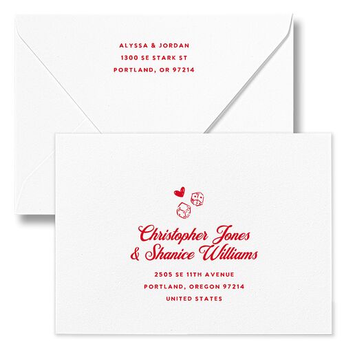 Hand Drawn Las Vegas Hearts Wedding Invitation Euro Envelopes White Crimson Both Recipient and Return Addresses Luxe Signature