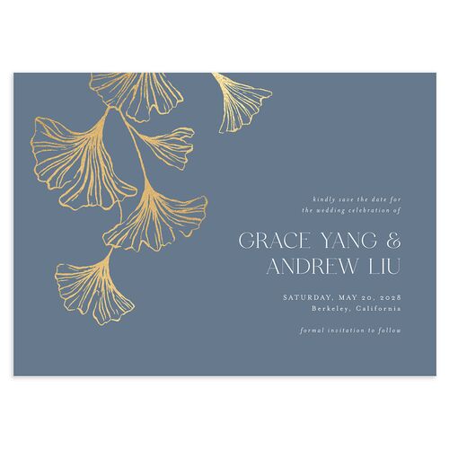 Ginkgo Leaves Save the Date Cards Gold Regency Blue Signature smooth Blank No Standard