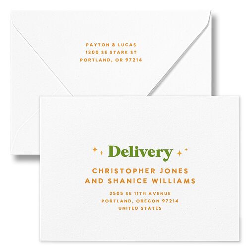 Colorful Retro Stripes Rehearsal Dinner Invitation Euro Envelopes White Sea Foam Both Recipient and Return Addresses Luxe Signature