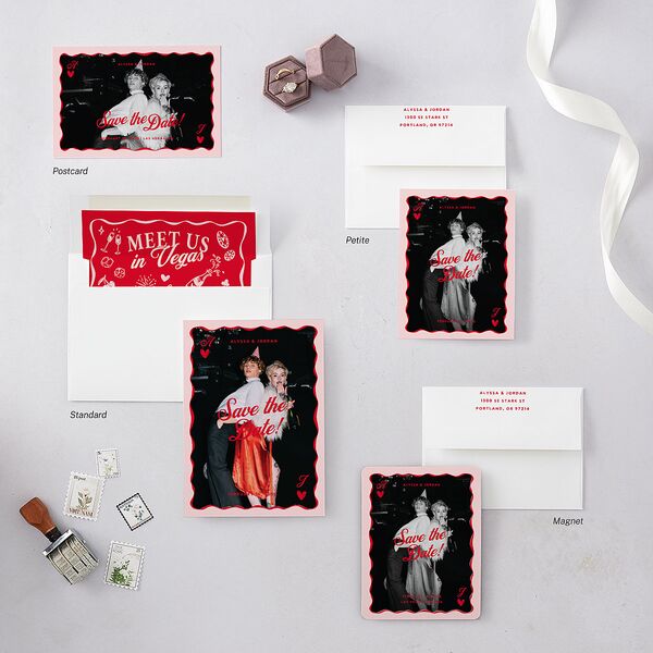 Hand Drawn Las Vegas Hearts Save the Date Postcards Crimson