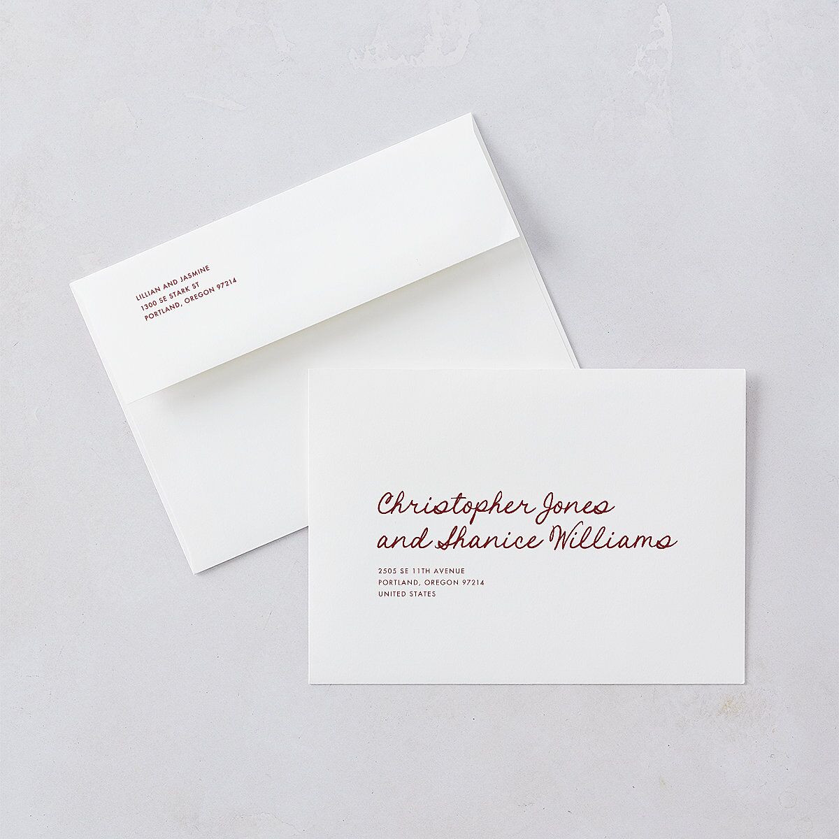 Hand Drawn Heart Photo Wedding Invitation Envelopes Maroon White Both Recipient and Return Addresses Standard Signature
