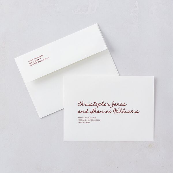 Hand Drawn Heart Photo Wedding Invitation Envelopes Maroon White Both Recipient and Return Addresses Standard Signature