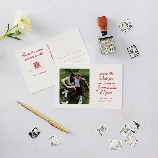 Retro Modern Photo Save the Date Postcards Ruby