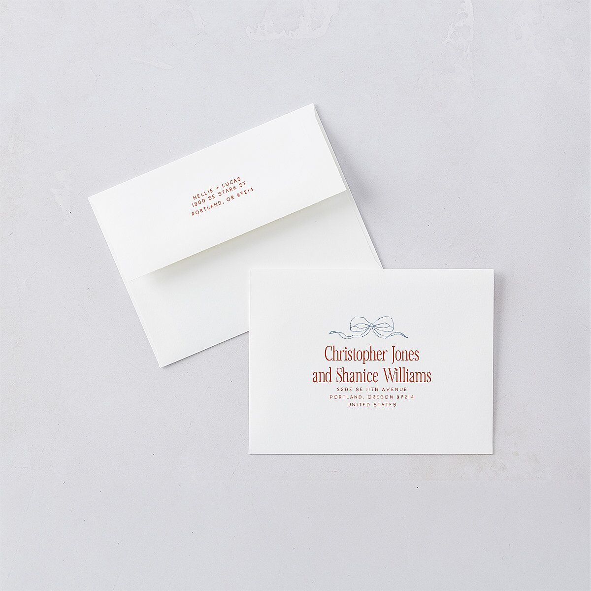 Modern Delicate Bows Save the Date Petite Card Envelopes Jewel Red White Both Recipient and Return Addresses Signature Standard