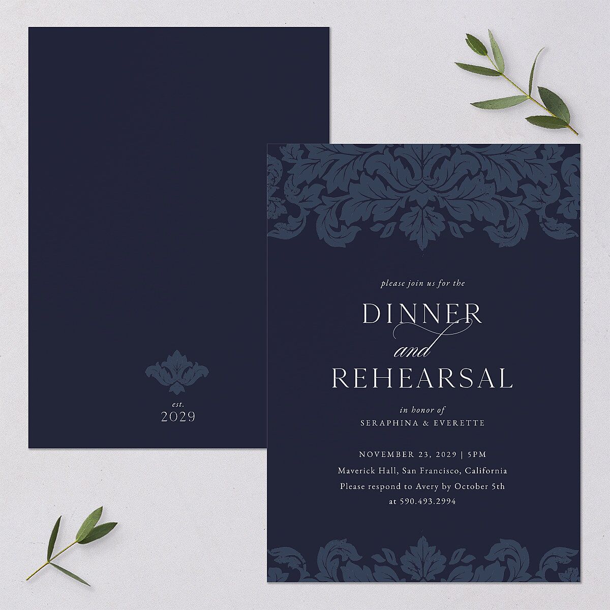 Elegant Damask Rehearsal Dinner Invitations Navy Signature Blank Standard
