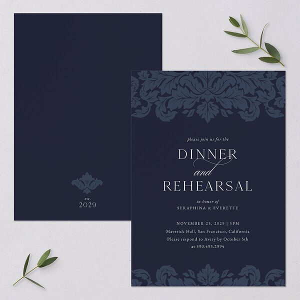 Elegant Damask Rehearsal Dinner Invitations Navy Signature Blank Standard