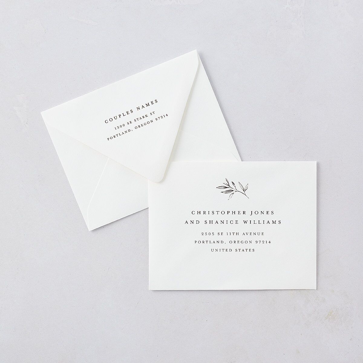 Minimal Leaves Save the Date Magnet Euro Envelopes White Luxe Bisque Both Recipient and Return Addresses