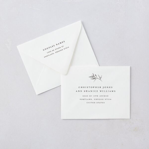 Minimal Leaves Save the Date Magnet Euro Envelopes White Luxe Bisque Both Recipient and Return Addresses