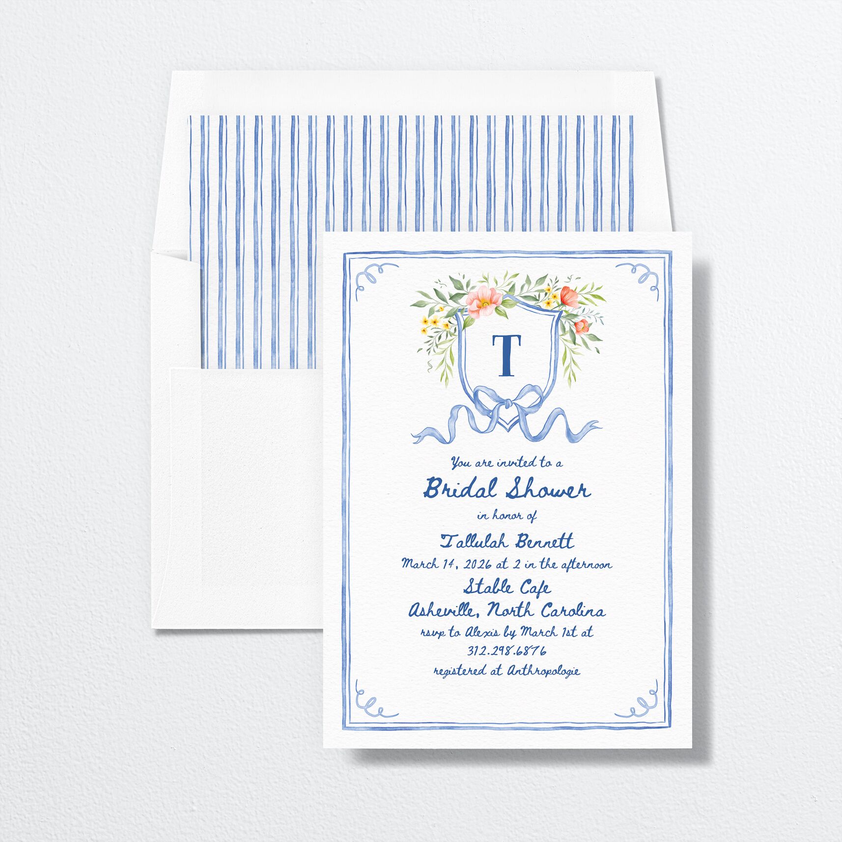 Countryside Crest Bridal Shower Invitations envelope-and-liner in blue