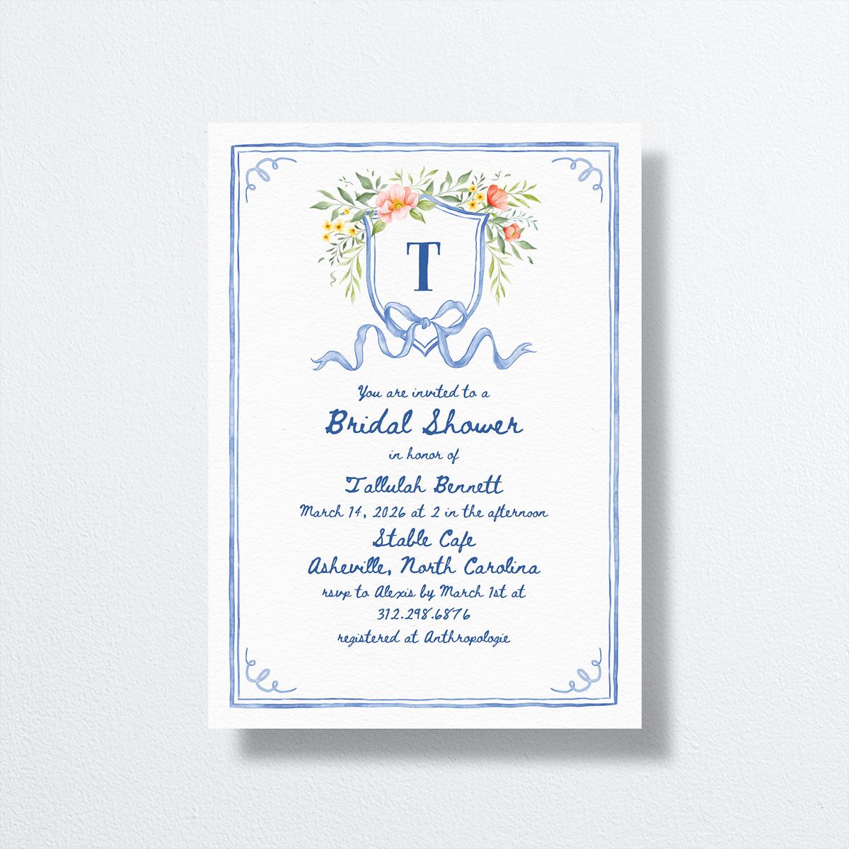 Countryside Crest Bridal Shower Invitations front in blue