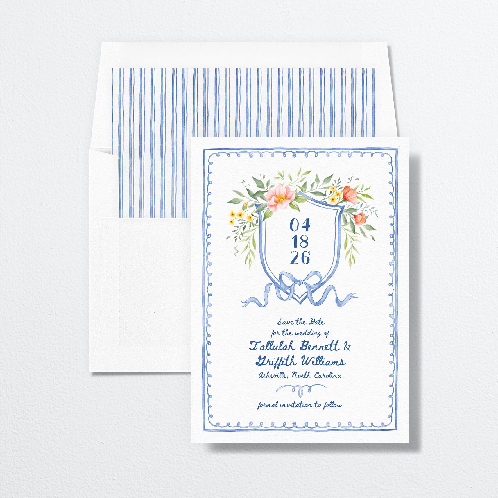 Countryside Crest Save the Date Cards envelope-and-liner in blue