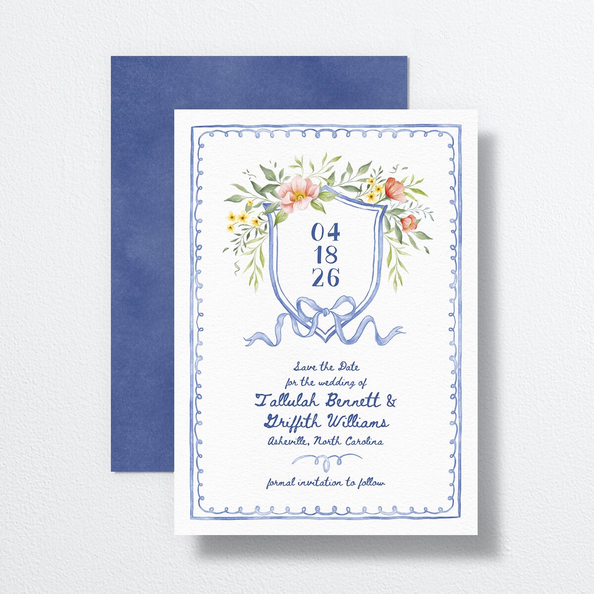 Countryside Crest Save the Date Cards front-and-back in blue