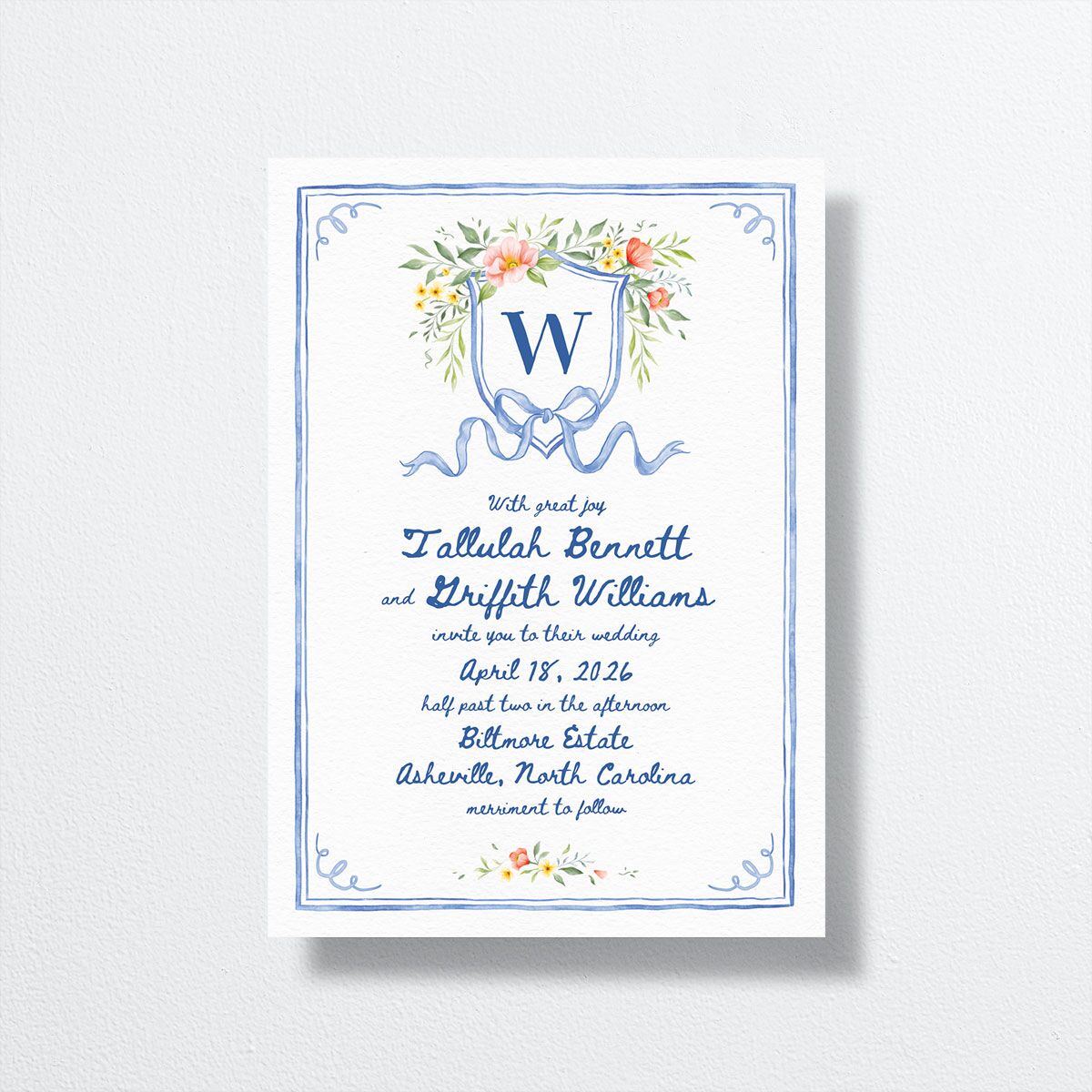 Countryside Crest Wedding Invitations front in blue