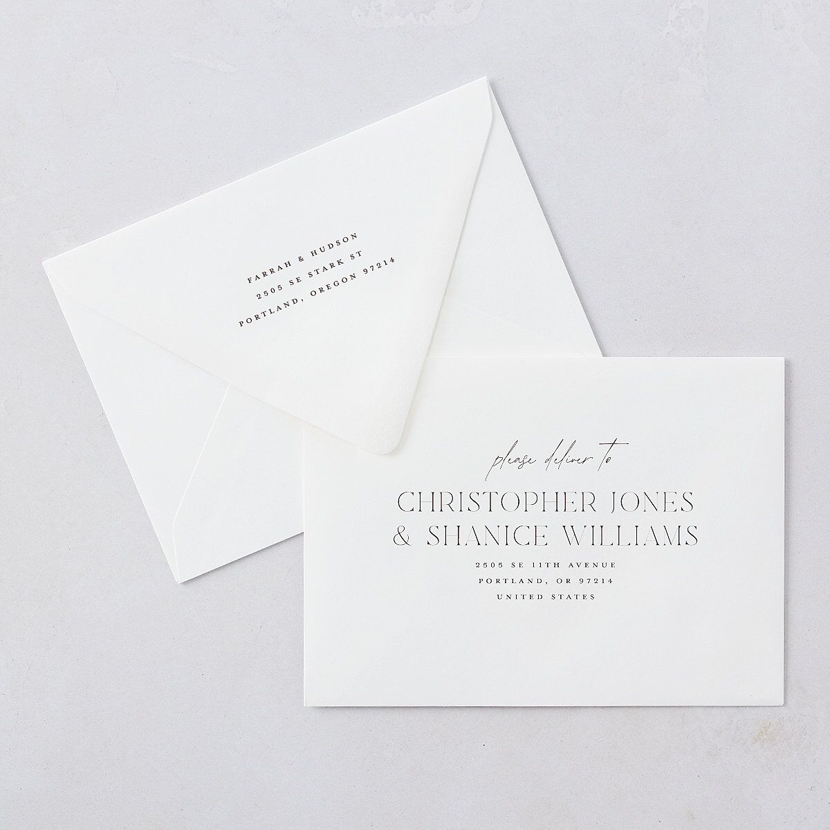 Minimalist Accent Leaf Save The Date Card Euro Envelopes White Linen Both Recipient and Return Addresses Luxe Signature