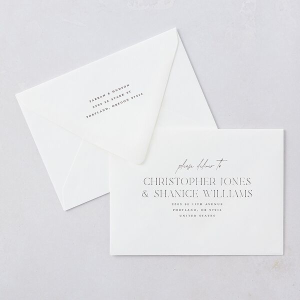 Minimalist Accent Leaf Save The Date Card Euro Envelopes White Linen Both Recipient and Return Addresses Luxe Signature