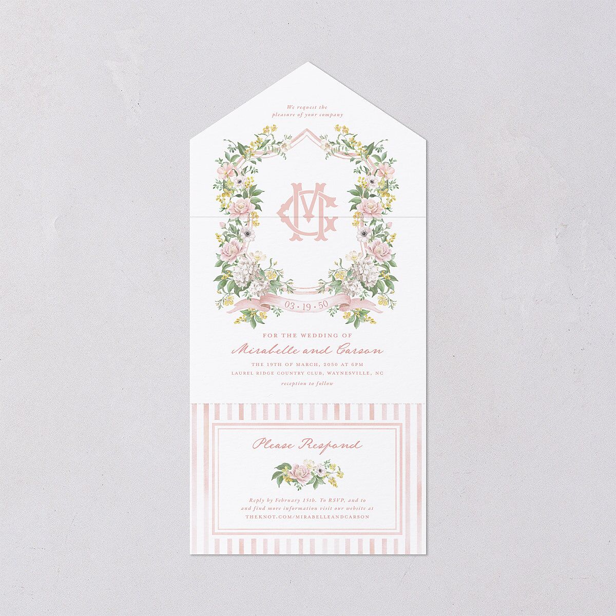 Maximalist Floral Crest All-in-One Wedding Invitations Pink Cotton Signature Light Both Recipient and Return Addresses No