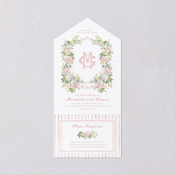 Maximalist Floral Crest All-in-One Wedding Invitations Pink Cotton Signature Light Both Recipient and Return Addresses No