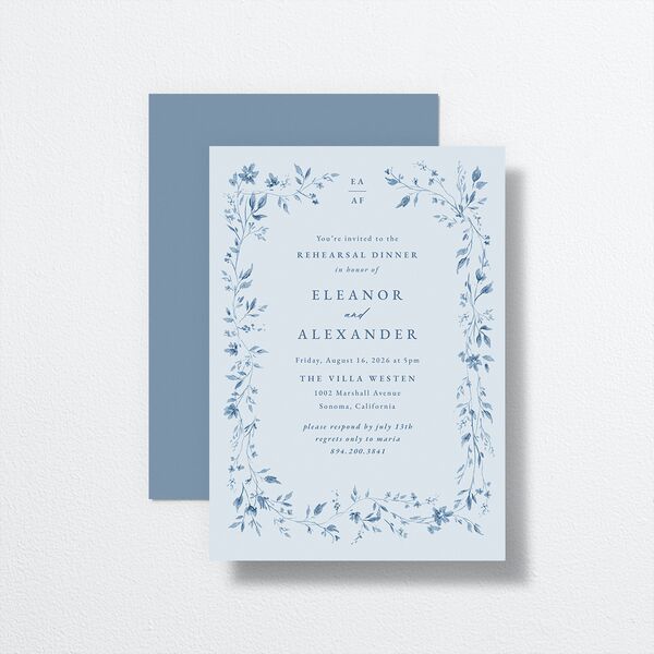 Timeless Floral Rehearsal Dinner Invitations front-and-back in Blue
