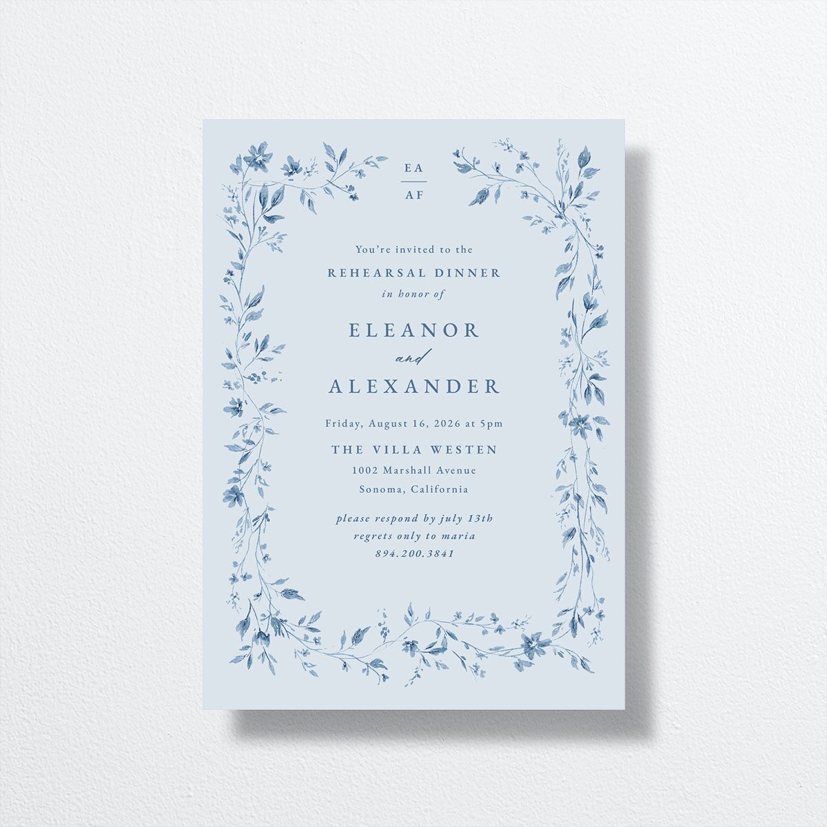 Timeless Floral Rehearsal Dinner Invitations front in Blue