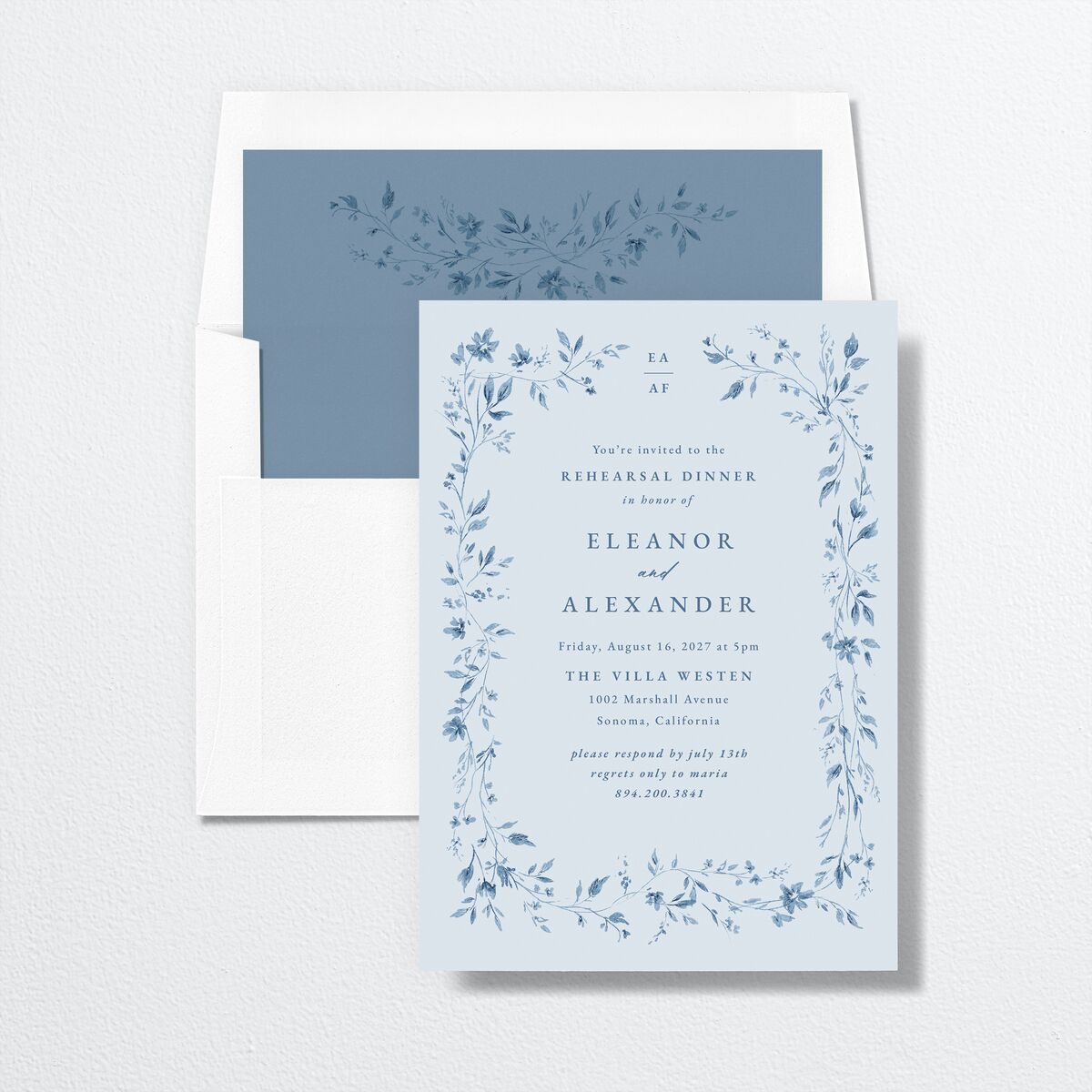 Timeless Floral Rehearsal Dinner Invitations Dusty Blue Signature Standard
