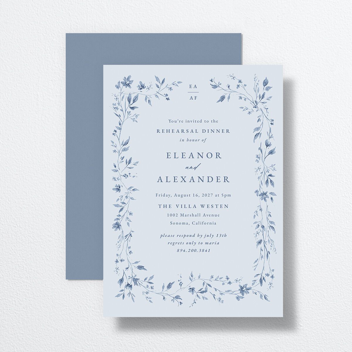 Timeless Floral Rehearsal Dinner Invitations Dusty Blue Signature Standard