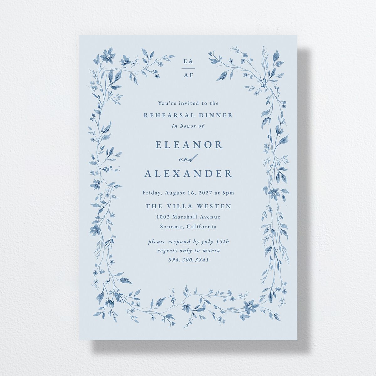 Timeless Floral Rehearsal Dinner Invitations Dusty Blue Signature Standard