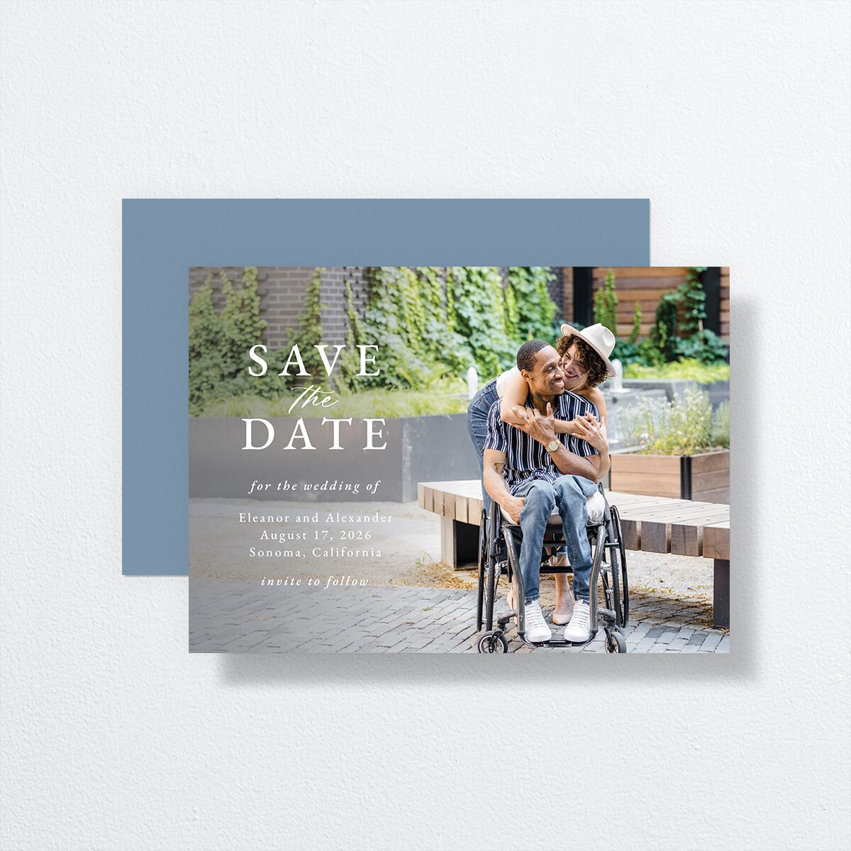 Timeless Floral Save the Date Cards front-and-back in Blue