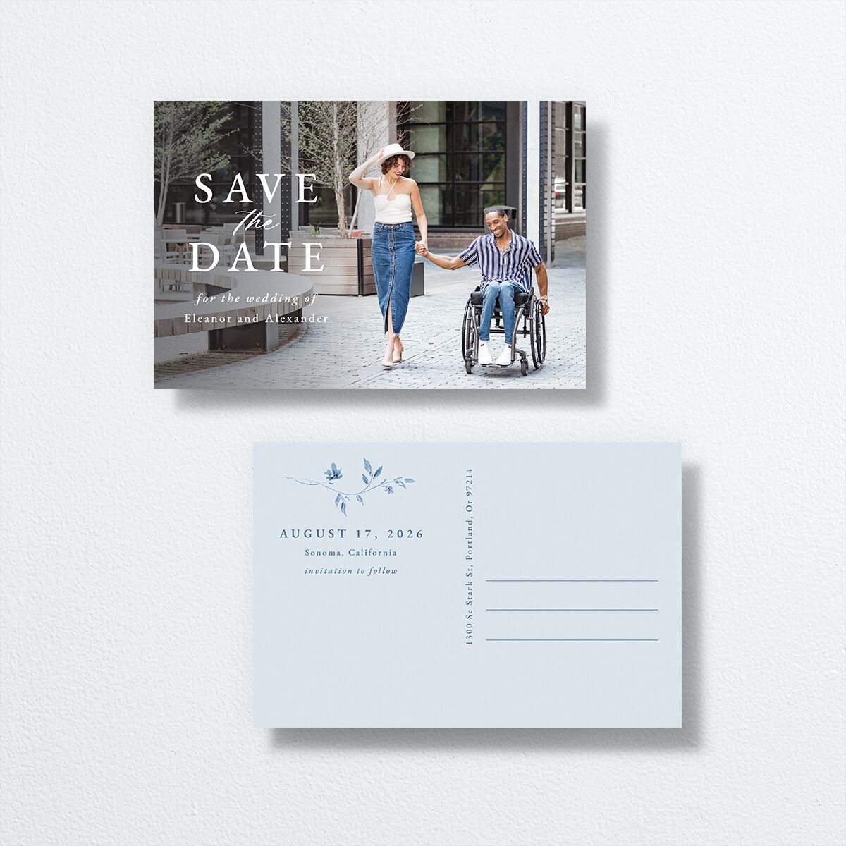 Timeless Floral Save the Date Postcards front-and-back in Blue