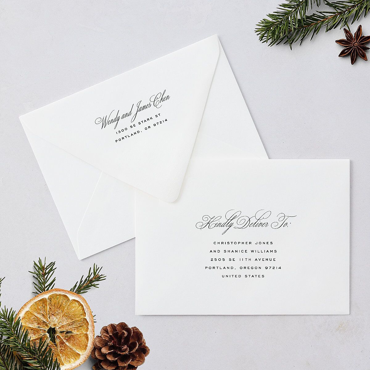 Classic Joyful Greeting Holiday Card Euro Envelopes White Hunter Green Both Recipient and Return Addresses Luxe Signature