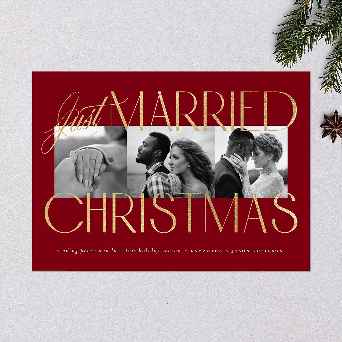 Just Married Christmas Holiday Cards Gold Jewel Red Signature Blank Standard Landscape